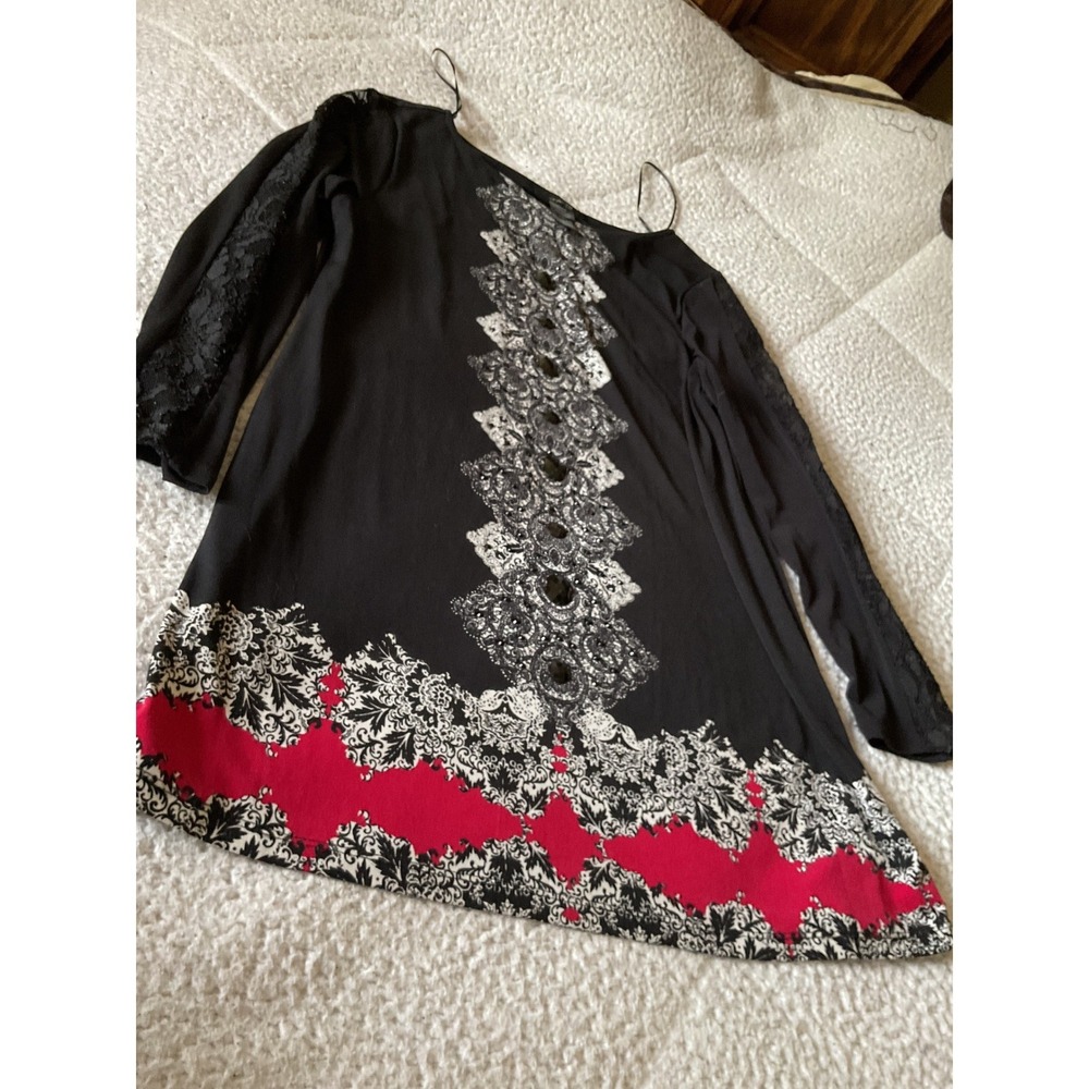 Style & Co Tunic Top Womens PL Black Excellent Lace Sleeve Damask Print Blouse